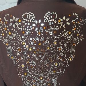 Chico's Platinum Brown Size Medium (8/10) Denim Jacket Rhinestone Embellished